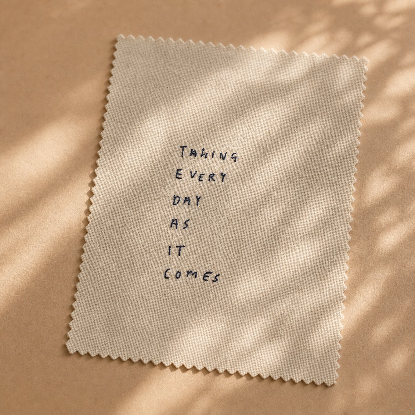 Unframed embroidered fabric reading "taking every day as it comes"